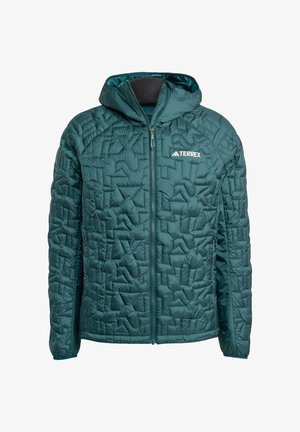 Groene, gewatteerde hoodie-jack met een volledige rits aan de voorkant en logo-detail. Gemaakt van lichtgewicht materiaal met een gestructureerd oppervlakontwerp.