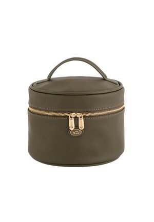 Round olive green cosmetic case with textured finish, gold zipper, and a top handle for easy carrying. Features a logo detail on the front.