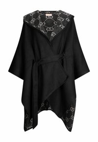 Cappotto avvolgente nero con ampio cappuccio, dotato di un interno grigio con motivo e una cintura coordinata. Tessuto morbido, vestibilità ampia e maniche aperte.