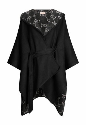 Black wrap coat with a wide hood, featuring a patterned gray interior and a matching belt. Soft texture, loose fit, and open sleeves.