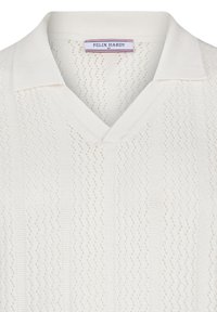 Hvid strikket V-hals jumper med hulmønster og spredt krave, mærket "Felix Hardy" i størrelse medium.