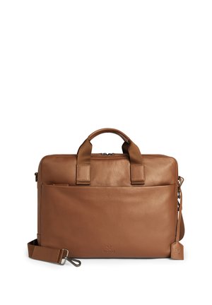 Brown leather briefcase with dual handles, detachable shoulder strap, front zippered pocket, and small branded tag on a white background.