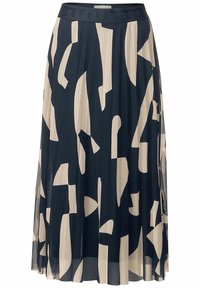 Gonna midi plissettata in blu navy e beige, con un motivo astratto. Realizzata in tessuto leggero, con una vita elastica per maggiore comfort.