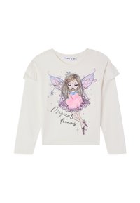 Camicia bianca a maniche lunghe per bambini con una grafica di fata, fiore 3D rosa sulla gonna e testo "Sogni magici" sul davanti.