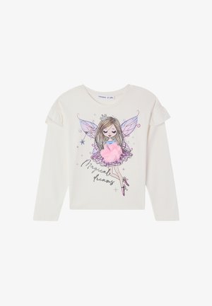 Camicia bianca a maniche lunghe per bambini con una grafica di fata, fiore 3D rosa sulla gonna e testo "Sogni magici" sul davanti.