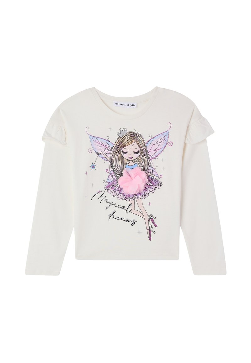 Camicia bianca a maniche lunghe per bambini con una grafica di fata, fiore 3D rosa sulla gonna e testo "Sogni magici" sul davanti.
