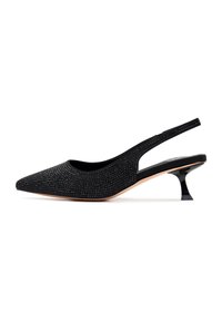Mustat, kärjelliset slingback-kengät, joissa on strassikoristeita, teksturoidusta kankaasta valmistettu päällinen ja tyylikäs, osittain läpinäkyvä korko.
