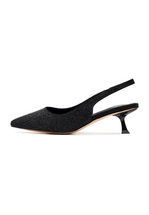 Mustat, kärjelliset slingback-kengät, joissa on strassikoristeita, teksturoidusta kankaasta valmistettu päällinen ja tyylikäs, osittain läpinäkyvä korko.