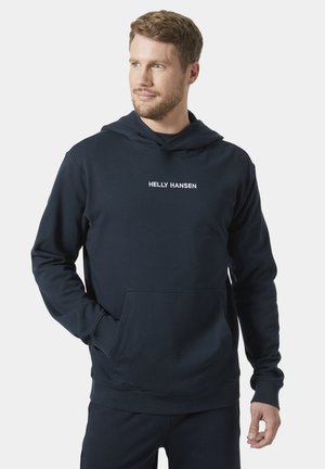 Navy blue hooded sweatshirt made of soft fabric, featuring a kangaroo pocket and "HELLY HANSEN" logo in white on the chest.