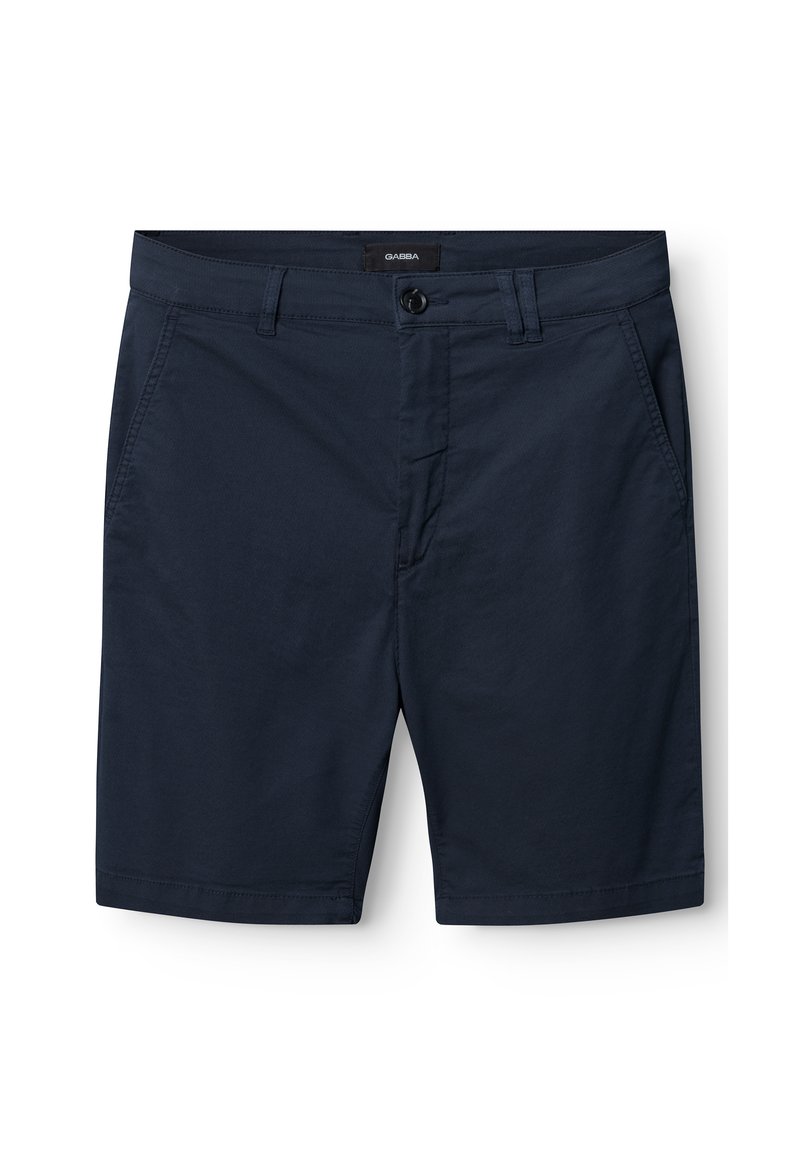 Vyriški tamsiai mėlyni šortai su priekiniais mygtukais ir užtrauktuku, diržo kilpelėmis bei šoninėmis kišenėmis baltame fone.