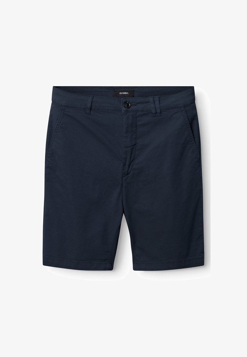 Vyriški tamsiai mėlyni šortai su priekiniais mygtukais ir užtrauktuku, diržo kilpelėmis bei šoninėmis kišenėmis baltame fone.