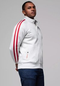 Felpa zip con cappuccio grigia chiara realizzata in materiale morbido, con strisce rosse sulle maniche, colletto alto e tasca laterale con bottone.