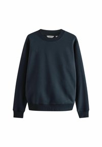 Marinblå bomullströja med ribbad rund halsringning och mudd, med en enkel design och slät yta. Inga fickor eller synliga logotyper.