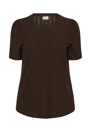 Hnědá krátká halenka s krátkými rukávy, vzorem z dírkové krajky, kulatým výstřihem a mírně nafouklými rukávy, navržená pro větší velikosti.