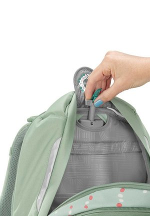 Grüner Rucksack mit einer strukturierten Außenseite und grauem Innenraum. Die Hand hält einen grauen Clip, der an einer Schlaufe im oberen Fach befestigt ist.