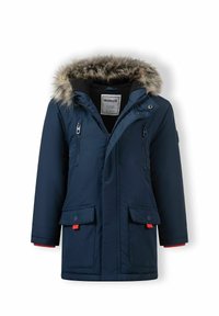 Navy blue parka jacket with a faux fur-trimmed hood, zippered front, two patch pockets, and a red accent below each pocket.