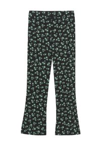 Zwarte flared broek met een klein groen bloemenpatroon. Gemaakt van een zachte, rekbare stof met een elastische tailleband voor comfort.