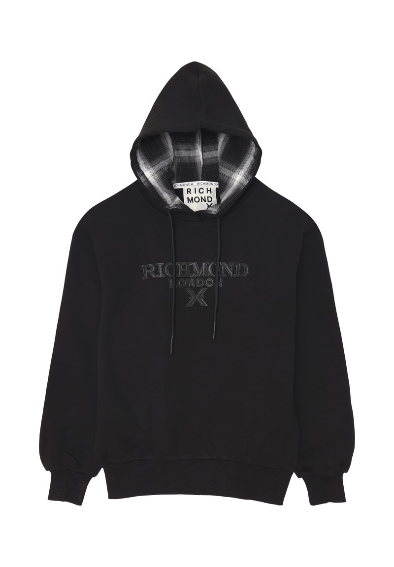 Felpa nera con cappuccio regolabile, con una fodera a quadri. Logo ricamato "RICHMOND LONDON" sul davanti. Polsini e orlo a coste.