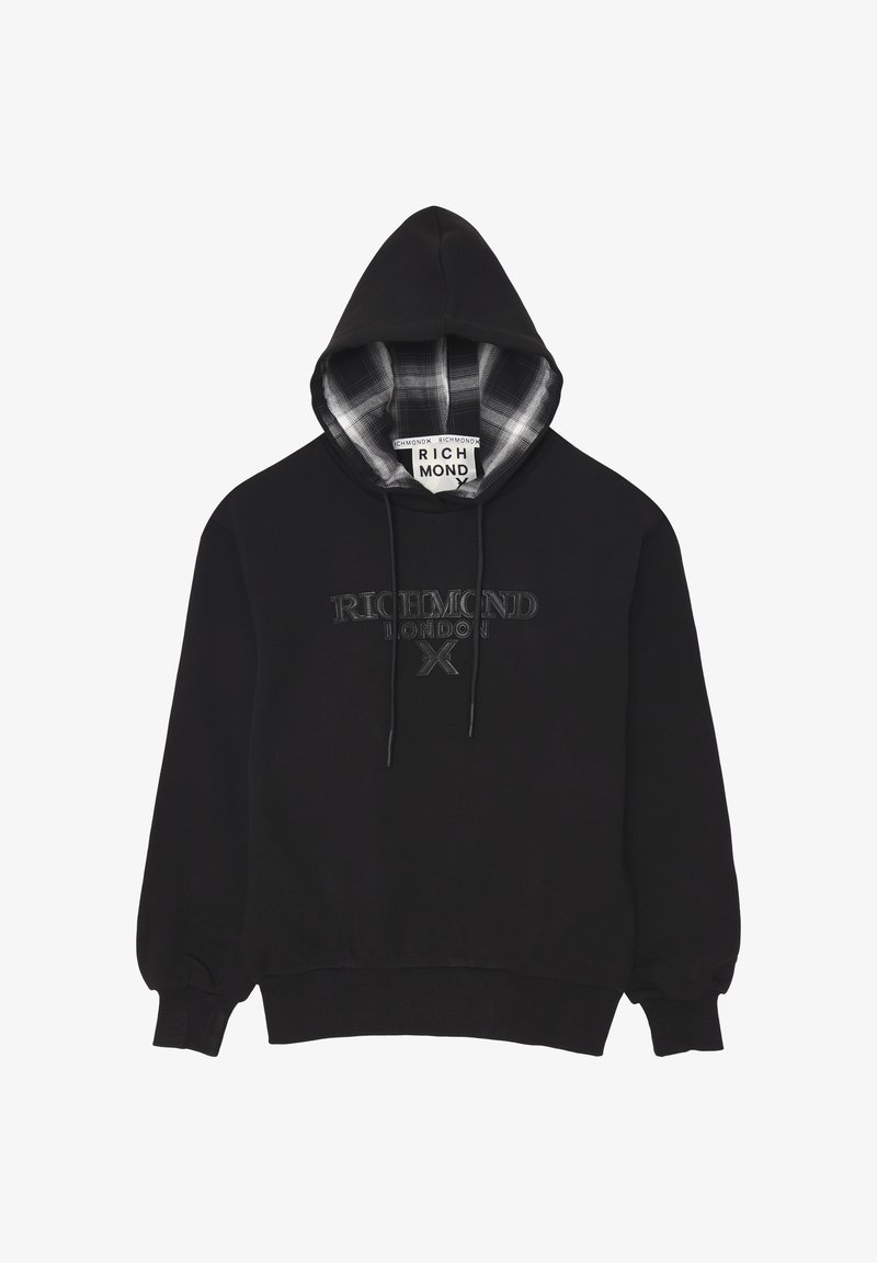 Felpa nera con cappuccio regolabile, con una fodera a quadri. Logo ricamato "RICHMOND LONDON" sul davanti. Polsini e orlo a coste.