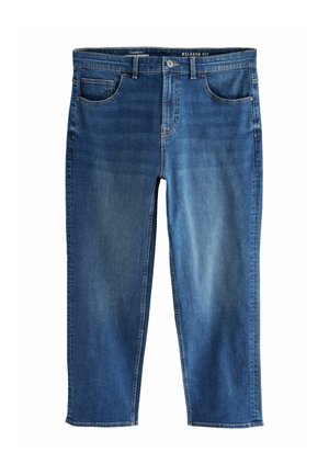 Vaqueros de denim azul de corte relajado que cuentan con cinco bolsillos, cremallera y trabillas para el cinturón. Desgaste ligero y detalles de costura en tono.