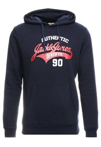 Sudadera azul marino de algodón, con un bolsillo frontal, capucha con cordón y una impresión gráfica que muestra "Jack & Jones" y el número 90.