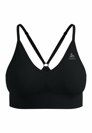 Zwarte sportbeha met dunne verstelbare banden die kruisen op de rug en een klein logo op de linkercup, ontworpen voor comfort en ondersteuning.