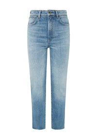 Ljusblå denimjeans med rak bendesign, hög midja, framfickor och en urtvättad finish vid fållen.