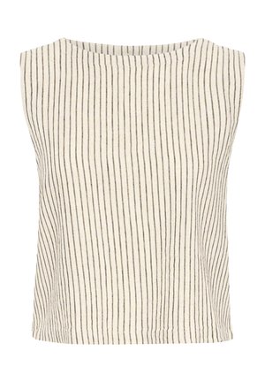 Sleeveless beige top with thin vertical black stripes and a round neckline.