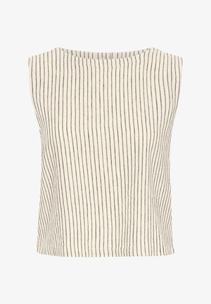 Sleeveless beige top with thin vertical black stripes and a round neckline.