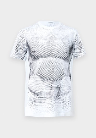 Λευκό T-shirt Moschino με μαύρο αφηρημένο πουά σχέδιο που μοιάζει με ανατομία μυών στο μπροστινό μέρος και στα μανίκια.