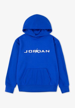 Sweat à capuche bleu avec poche kangourou à l'avant et logo blanc "JORDAN" avec silhouette de basket-ball au centre.