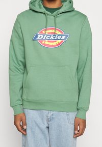 Sudadera verde con un gran y colorido logotipo de "Dickies". Cuenta con un bolsillo tipo canguro y cordones en la capucha. Está hecha de una tela suave y texturizada.