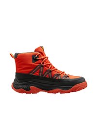 Bottes de randonnée montantes avec une tige synthétique orange, des accents en caoutchouc noir, une semelle texturée et des lacets réfléchissants pour une meilleure visibilité.