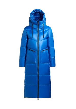 Felblau pufferjack met een hoge kraag, lange mouwen en twee voorzakken met rits. Heeft een volledige rits en een capuchon.