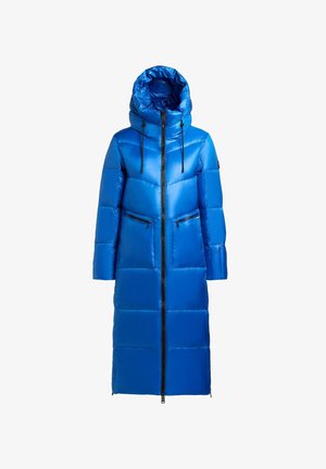 Cappotto piumino blu brillante con colletto alto, maniche lunghe e due tasche frontali con zip. Presenta una zip a lunghezza totale e un cappuccio.
