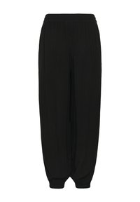 Pantalon ample noir avec taille et poignets élastiques, présentant une silhouette décontractée et effilée.