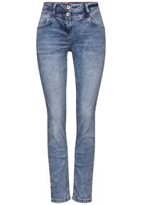 Vaqueros skinny de mezclilla azul con un acabado desgastado, que cuentan con dos cierres de botón, cinco bolsillos y detalles bordados a lo largo de las costuras.