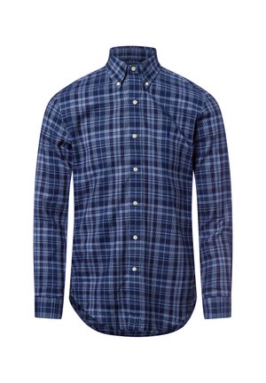 Langarm overhemd met een blauw en navy geruit patroon, een button-down kraag en witte knopen aan de voorkant en op de manchet.