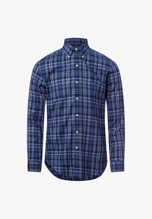 Langarm overhemd met een blauw en navy geruit patroon, een button-down kraag en witte knopen aan de voorkant en op de manchet.