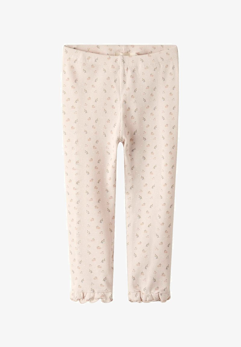 Rosa ribbade leggings med små blommönster, med en volangkant vid vristen och midjeresår för komfort.