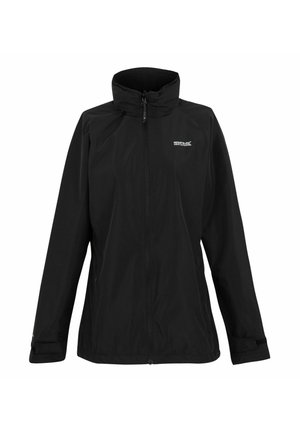 Black full-zip outdoor jacket with high collar, long sleeves, and small white "Regatta Great Outdoors" logo on the left chest.