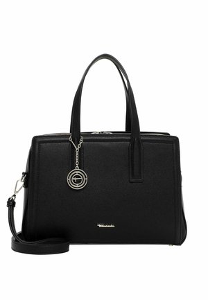 Juoda tekstūruota odinė rankinė su dviem rankenomis, nuimama petneša, sidabrine užtrauktuku ir apvalia sidabrine pakabuko detalėle, kabančia nuo vienos rankenos.