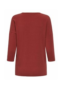 Maglietta a maniche lunghe color ruggine, con vestibilità ampia, spalle scese e orlo dritto, vista da dietro su sfondo bianco.