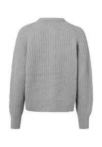 Grijze gebreide trui met een geribbelde textuur, voorzien van een ontspannen pasvorm, lange mouwen en een cropped lengte. Geen zichtbare sluitingen.