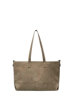 Große taupefarbene Wildleder-Tasche mit zwei langen Schulterriemen und sichtbaren Nähten vorne.