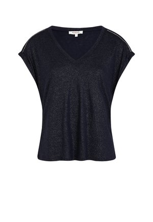 Top corto blu navy a maniche corte con scollatura a V, realizzato in un materiale testurizzato e glitterato. Presenta una vestibilità rilassata e discreti dettagli sulle spalle.