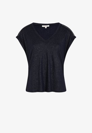 Haut à manches courtes bleu marine avec un décolleté en V, fabriqué dans un matériau texturé et pailleté. Présente une coupe décontractée et des accents discrets aux épaules.