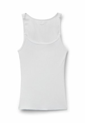 Camiseta blanca sin mangas de canalé con escote redondo y ajuste entallado, exhibida plana sobre un fondo blanco.