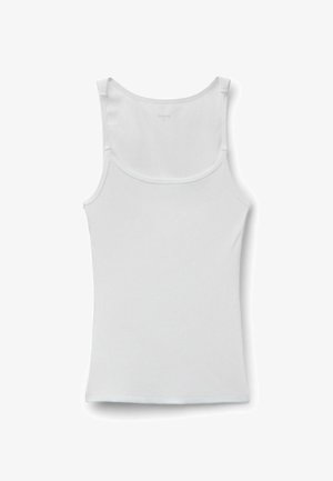 Débardeur blanc sans manches en côte, à encolure dégagée et coupe slim, présenté à plat sur un fond blanc.