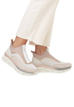 Lightweight slip-on sneakers featuring a mix of soft beige and off-white materials, textured mesh panels, and a zip closure. Rubber sole.
